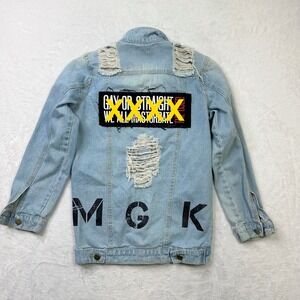 Distressed Jean Jacket Rips Patches‎ MGK Small LGBTQ The Used Gay or Straight